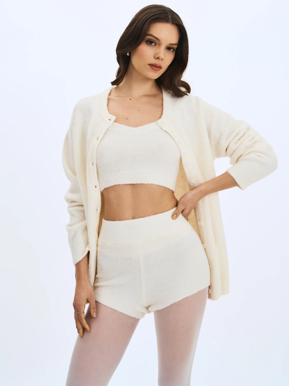 Orla White Wool Blend Ribbed Knit Cardigan
