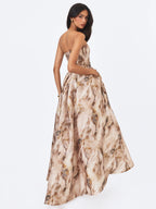Micaela Camel Watercolor Jacquard Chiffon Dipped Hem Gown