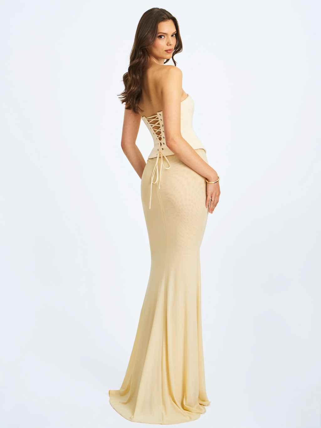 Adelina Butter Yellow Peplum Mermaid Gown with Lace up Back