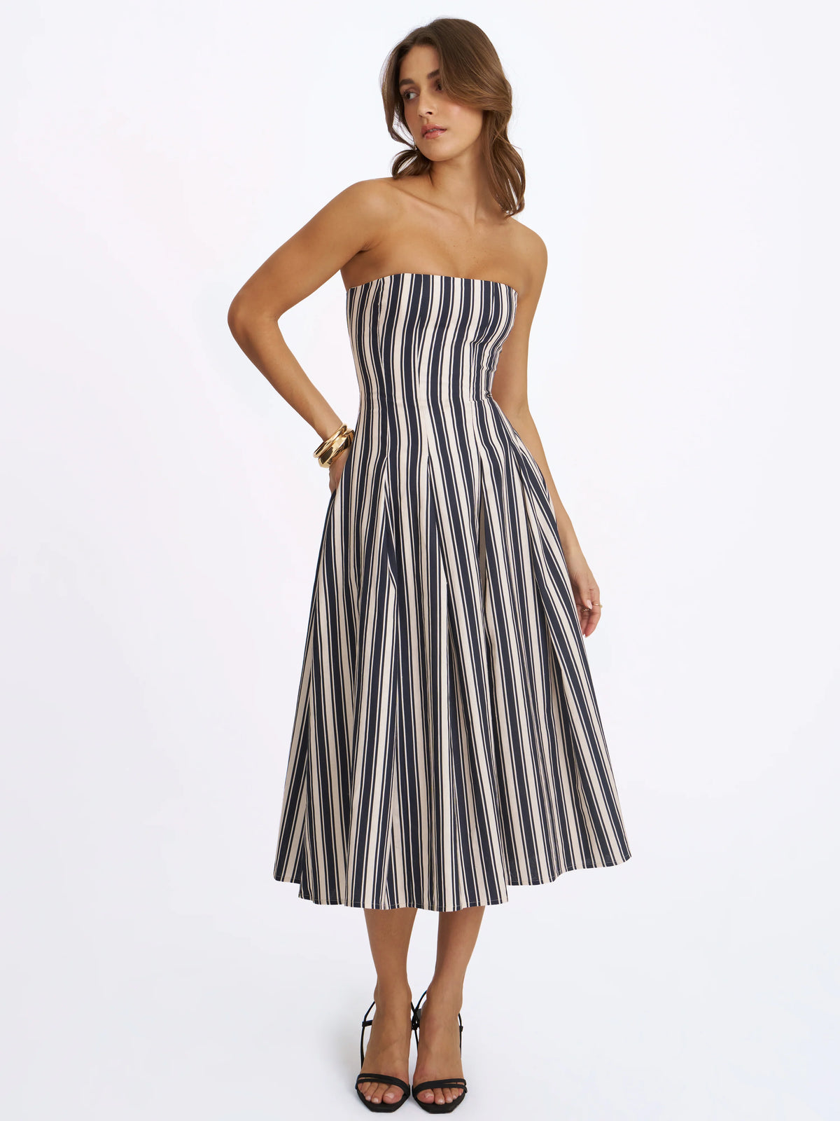 Wyanne Black White Linen Striped Strapless Midi Dress