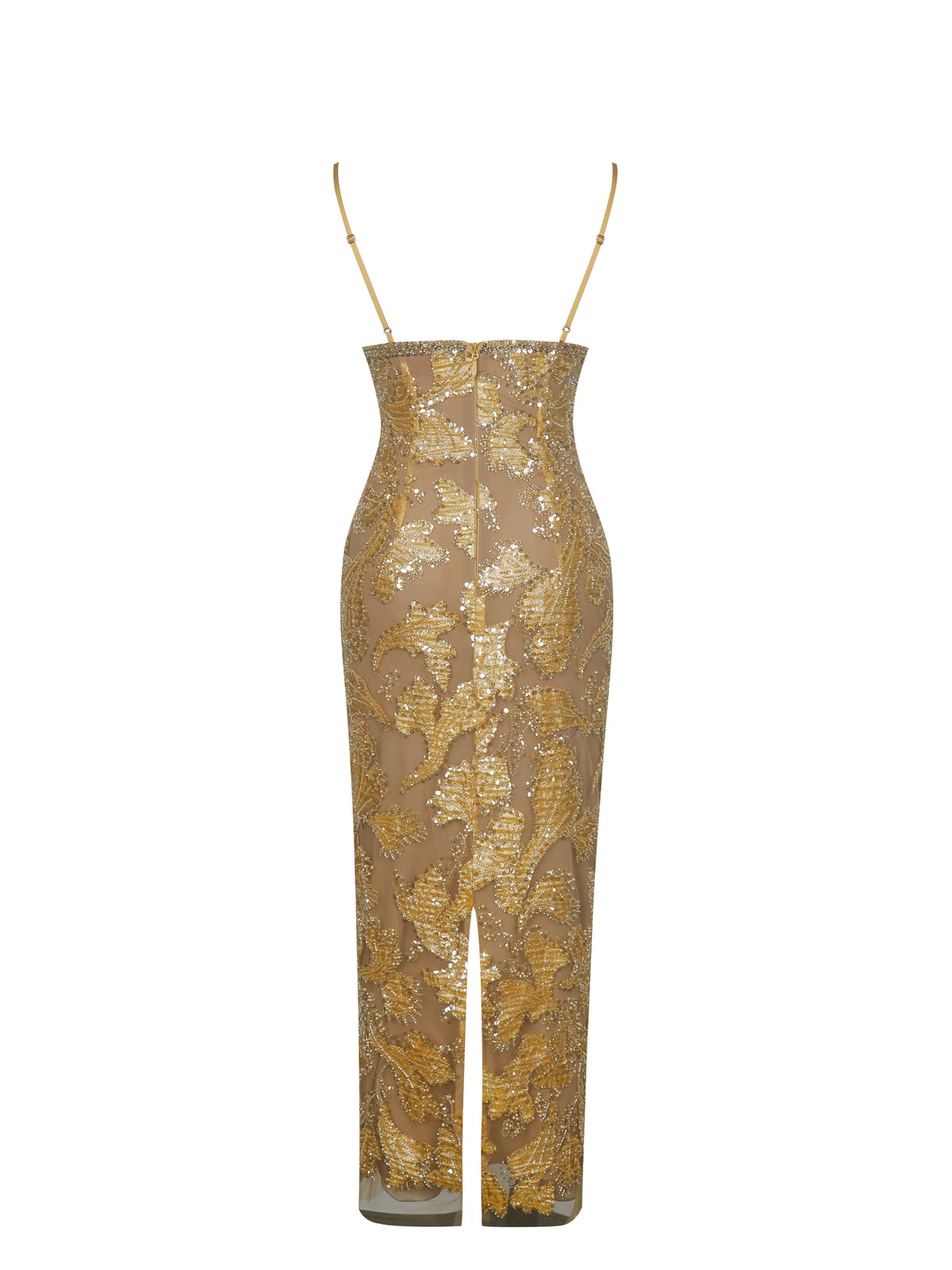 Edie Gold Beaded Sequin Midi Pencil Dress