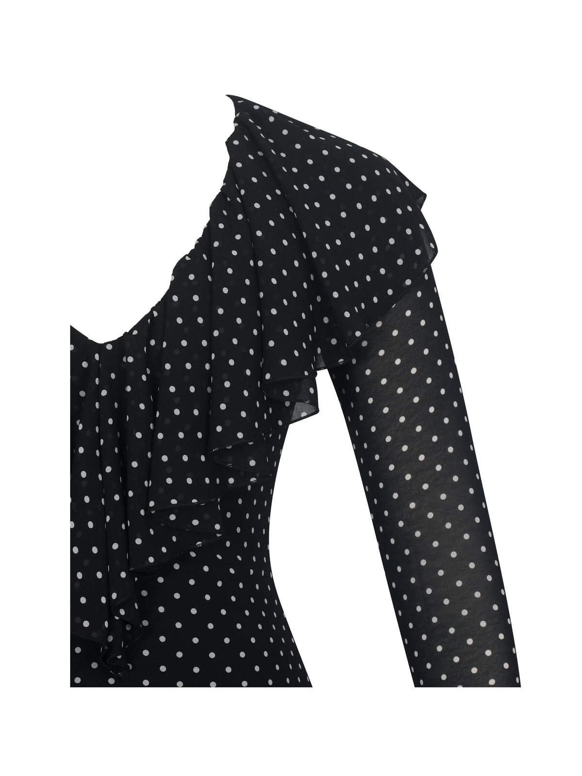 Omari Black Chiffon Polka Dot Ruffled Neckline Mini Dress