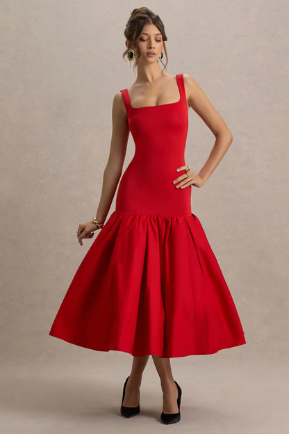 Parida Red Poplin Drop Waist Midi Dress With Peplum Hem