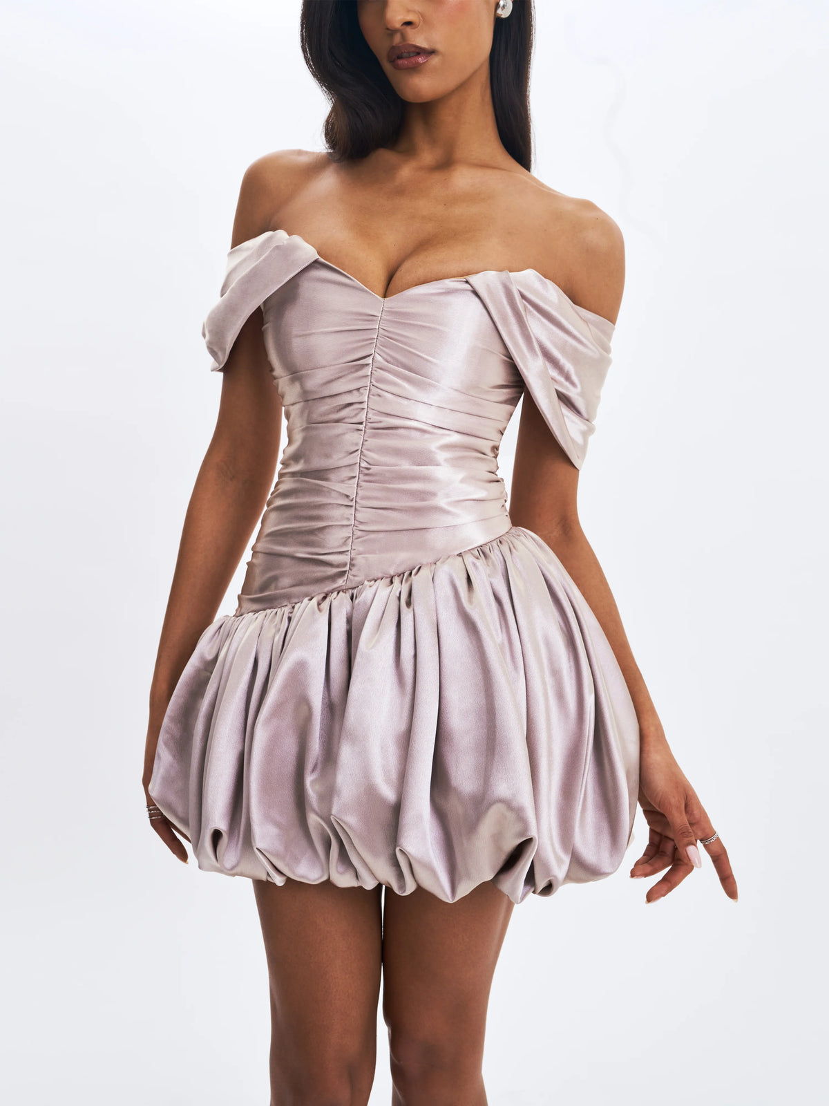 Milena Champagne Ruched Asymmetrical Bubble Mini Dress