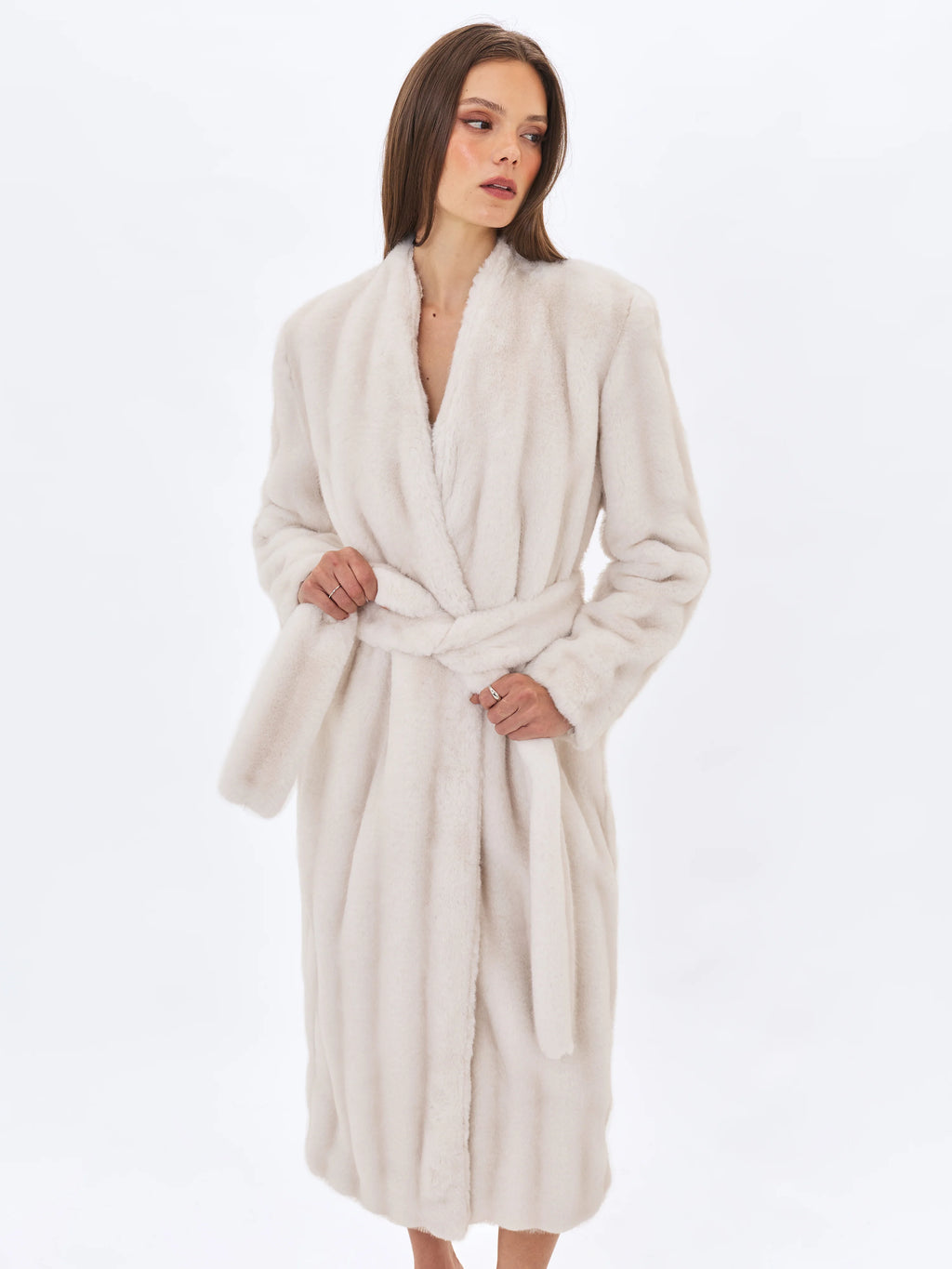 Celine Soft White Faux Mink Belted Longline Coat