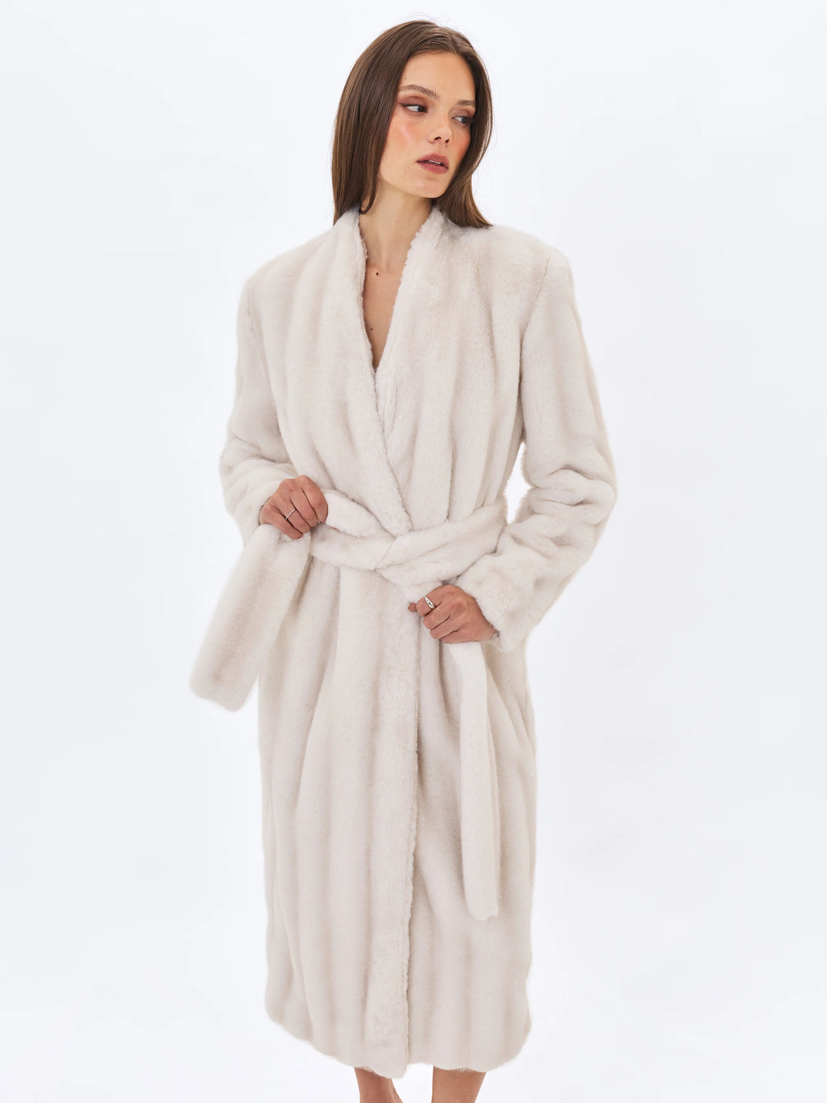 Celine Soft White Faux Mink Belted Longline Coat