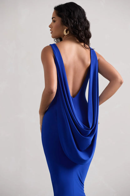 Caught Up Royal Blue Square Neck Backless Midi Dress With Cape