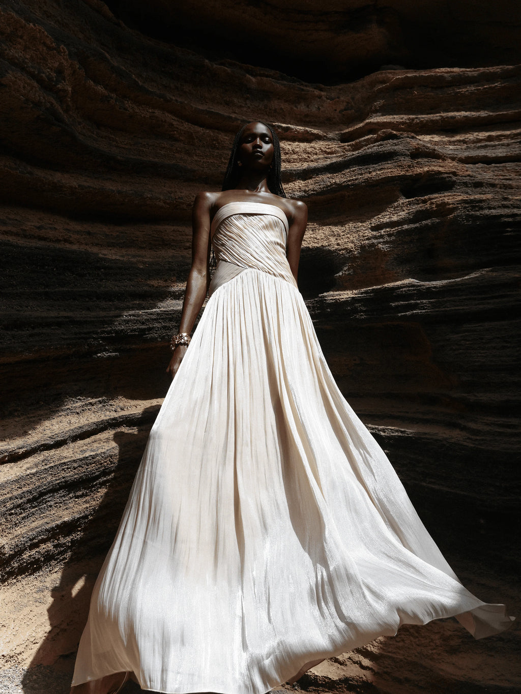 Olivine Light Beige Crystal Organza Strapless Maxi Dress