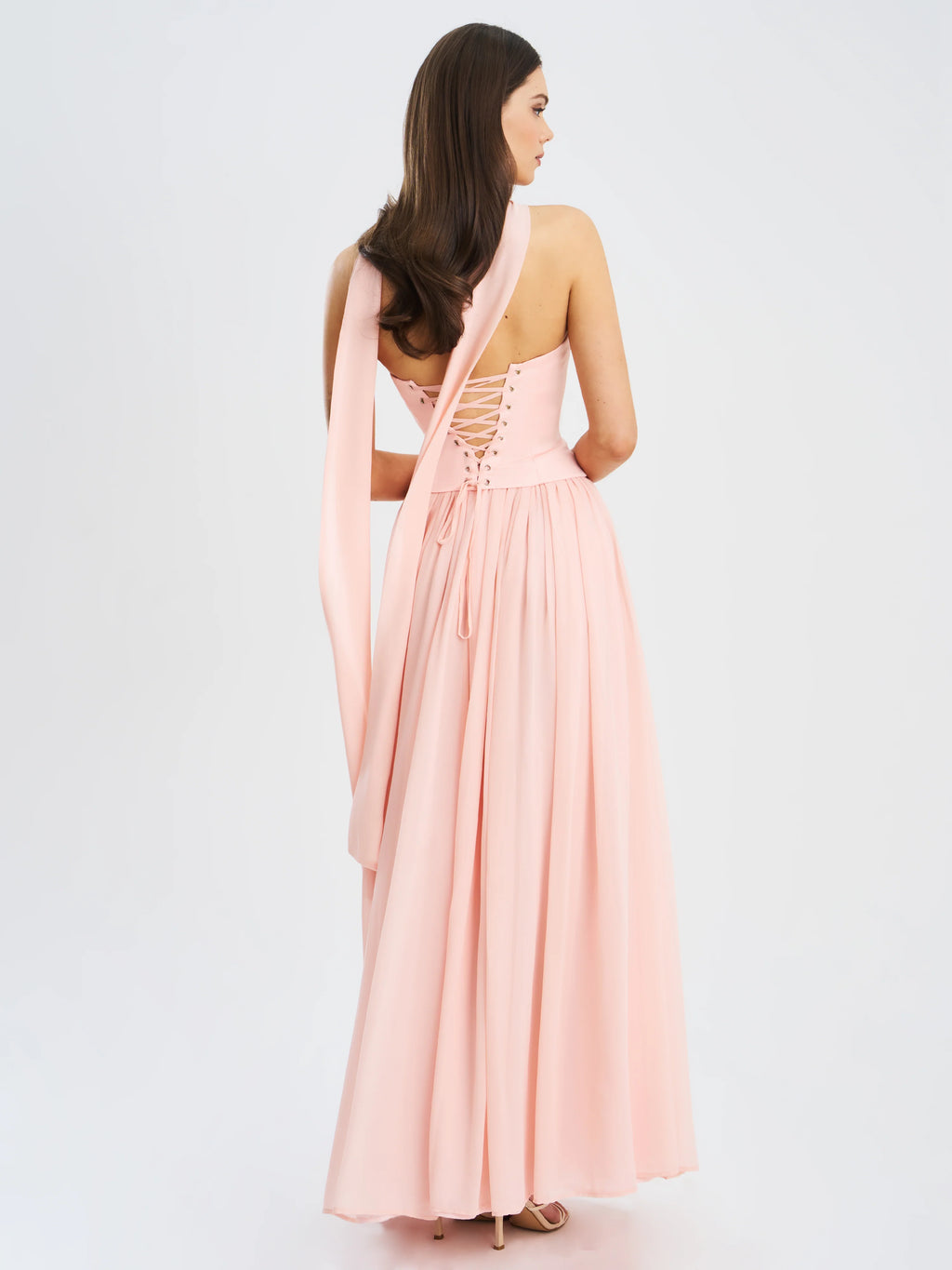 Qianna Baby Pink Peplum Drop Waist Chiffon Gown