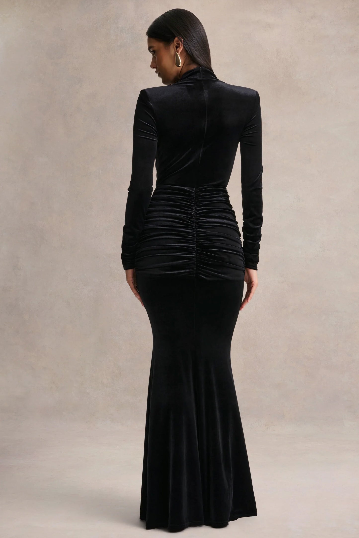 Halima Black Velvet Plunge Neck Maxi Dress With Gathered Detailing