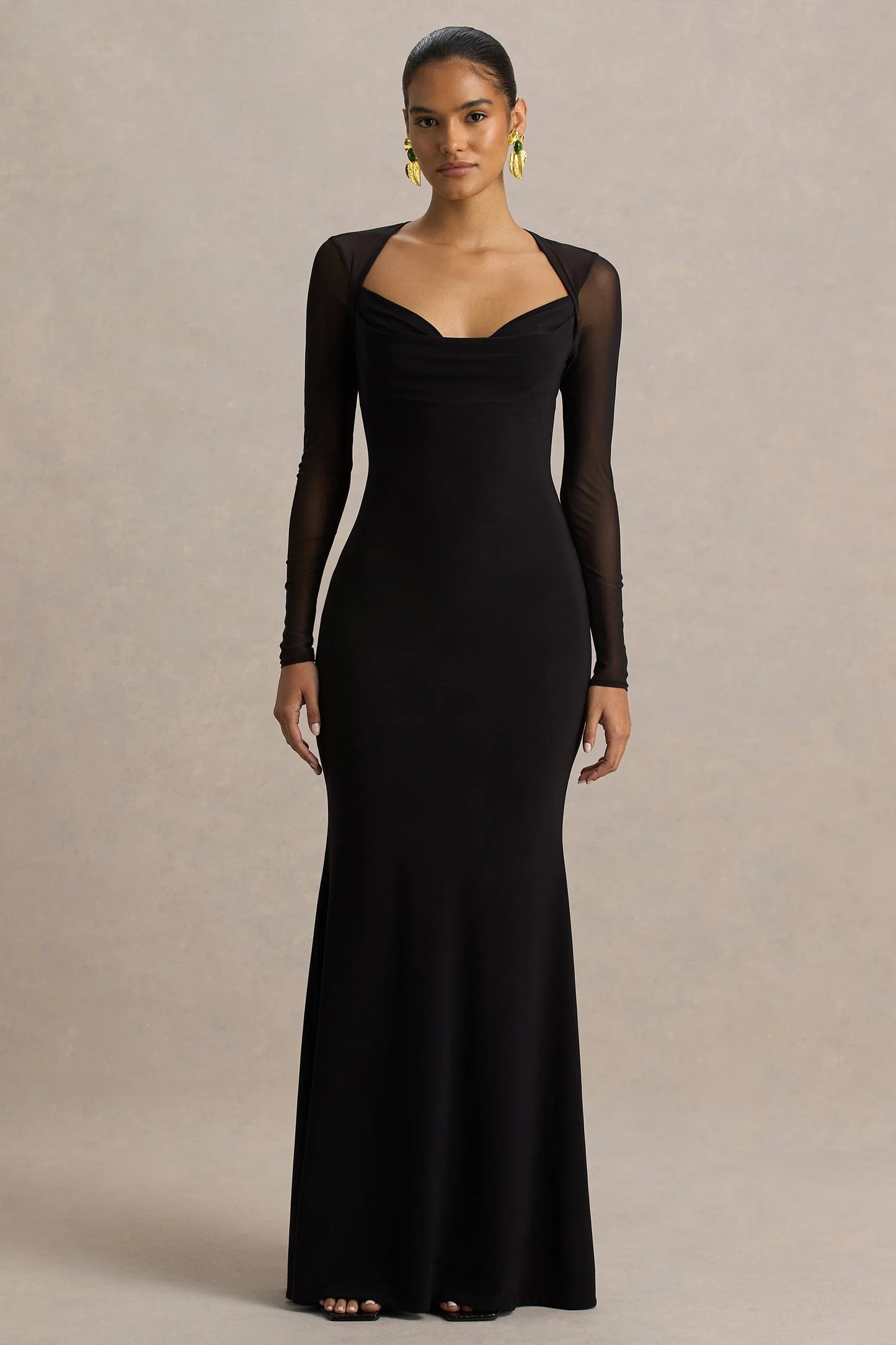 Bethan Black Cowl Neck Maxi Dress With Mesh Sleeves And Open Back