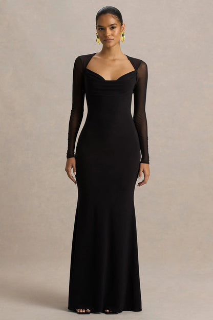 Bethan Black Cowl Neck Maxi Dress With Mesh Sleeves And Open Back