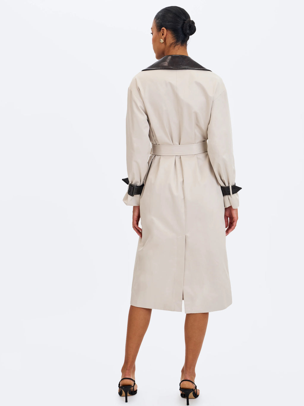 Umber Oyster Double Breasted Faux Leather Lapel Trench Coat