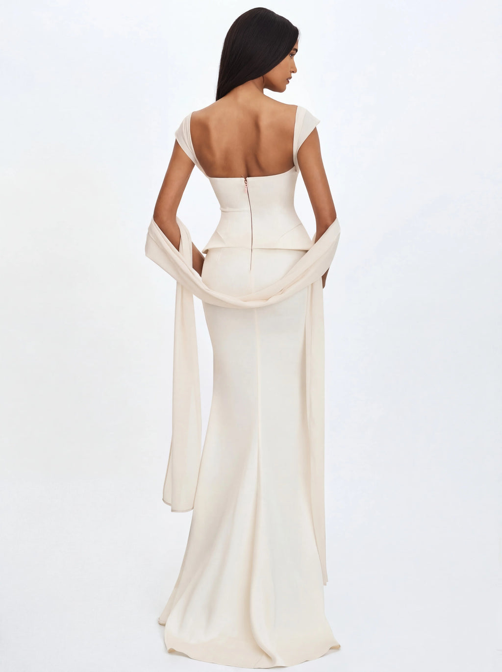 Jessalyn Ivory Sweetheart Peplum Mermaid Wedding Dress with Chiffon Scarf