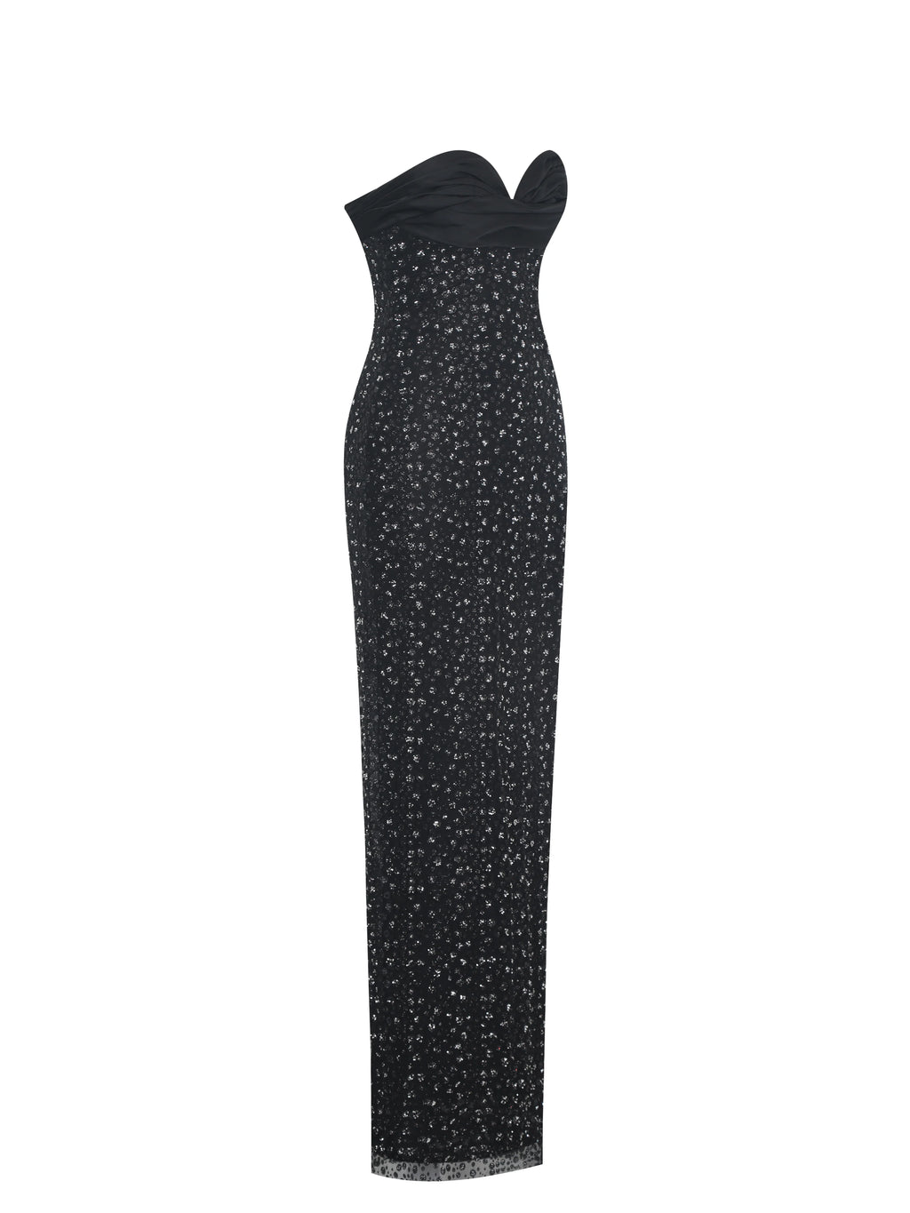 Preslie Black Satin Crystal Mesh Sheath Maxi Dress