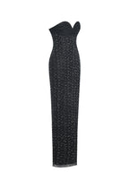Preslie Black Satin Crystal Mesh Sheath Maxi Dress