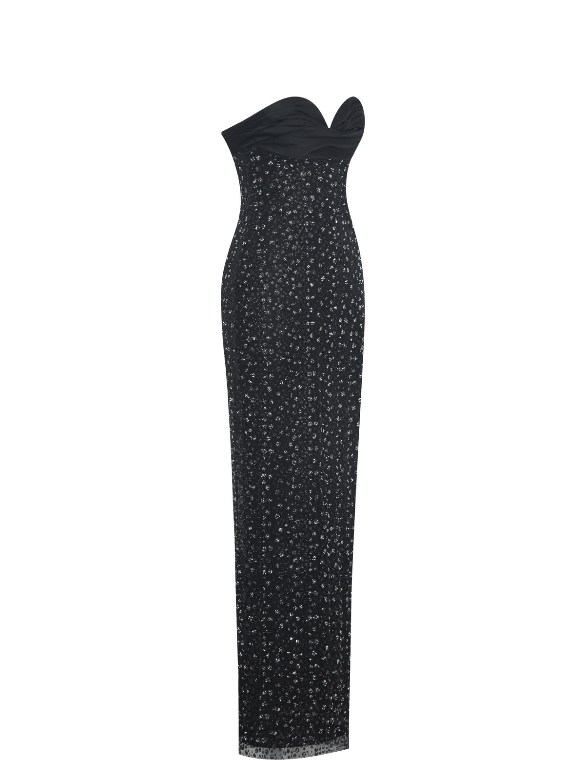 Preslie Black Satin Crystal Mesh Sheath Maxi Dress