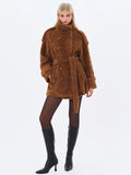 Marlow Chestnut Teddy Fur Funnel Collar Belted Mini Coat