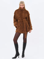 Marlow Chestnut Teddy Fur Funnel Collar Belted Mini Coat