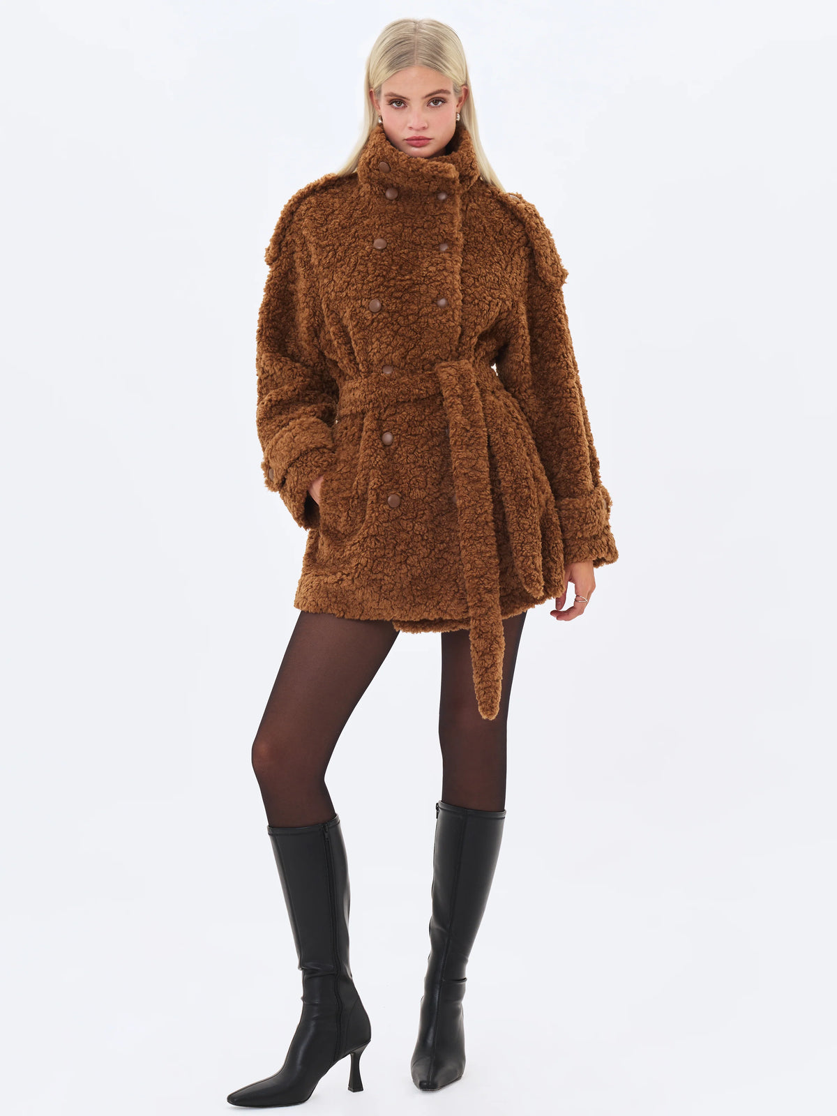 Marlow Chestnut Teddy Fur Funnel Collar Belted Mini Coat