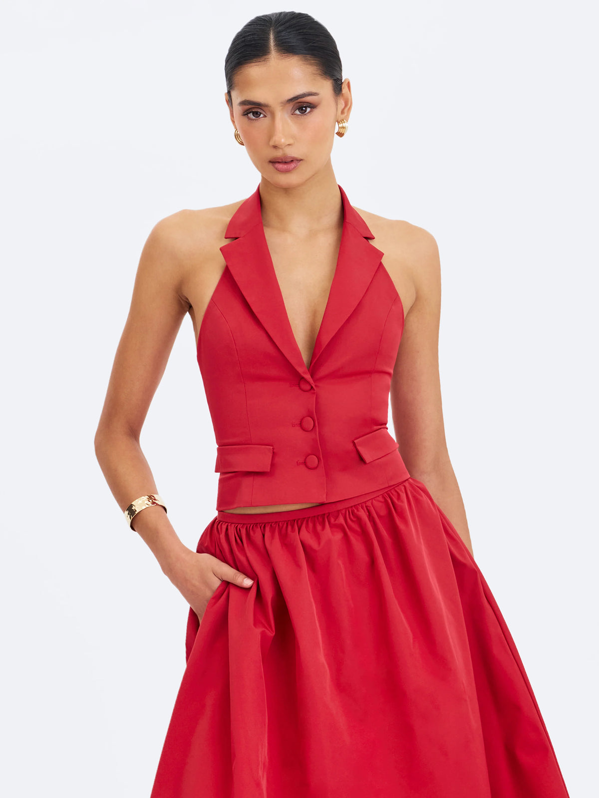 Ursella Crimson Halter Single Breasted Lapel Top