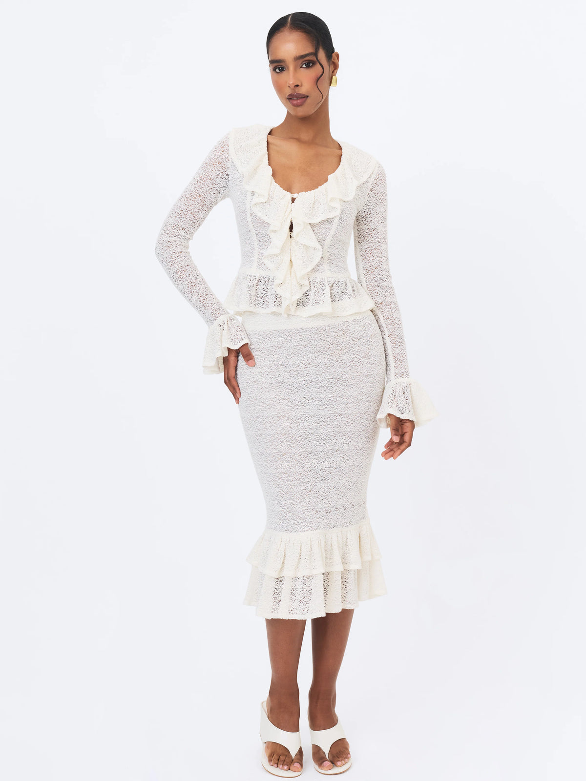 Urva Ivory Crochet Ruffle Front Button Top