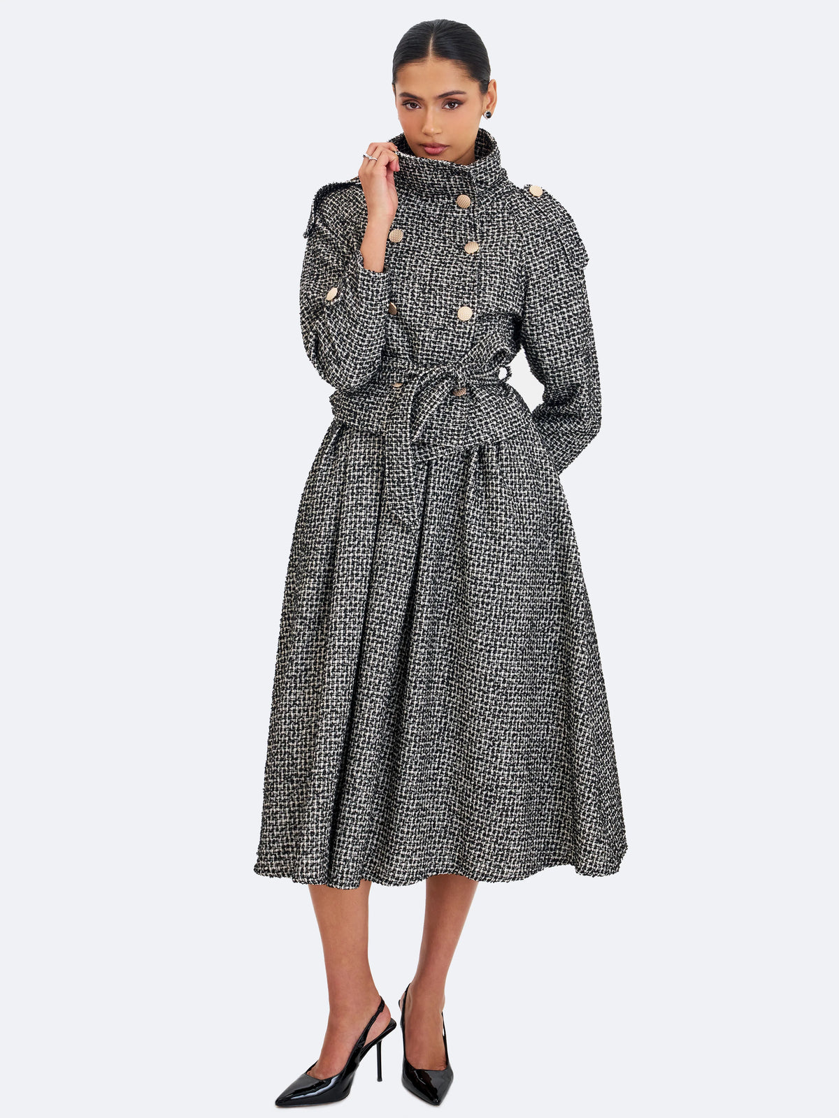 Sadie Black White Tweed High Collar Belted Mini Jacket