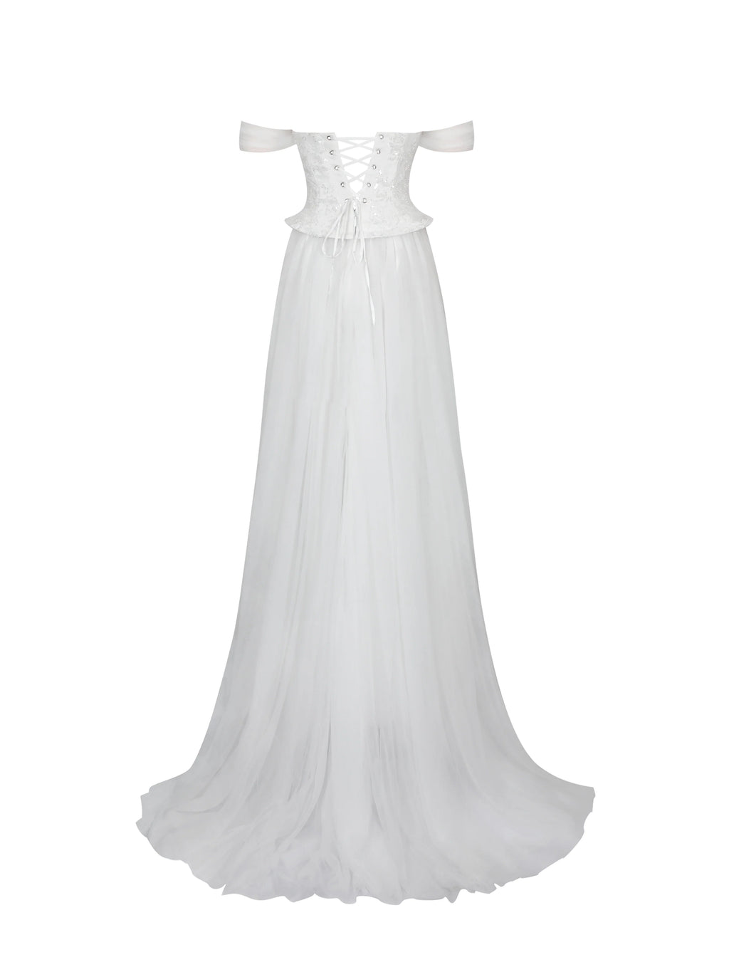 Jianna White Beaded Peplum Bardot Neckline Wedding Gown