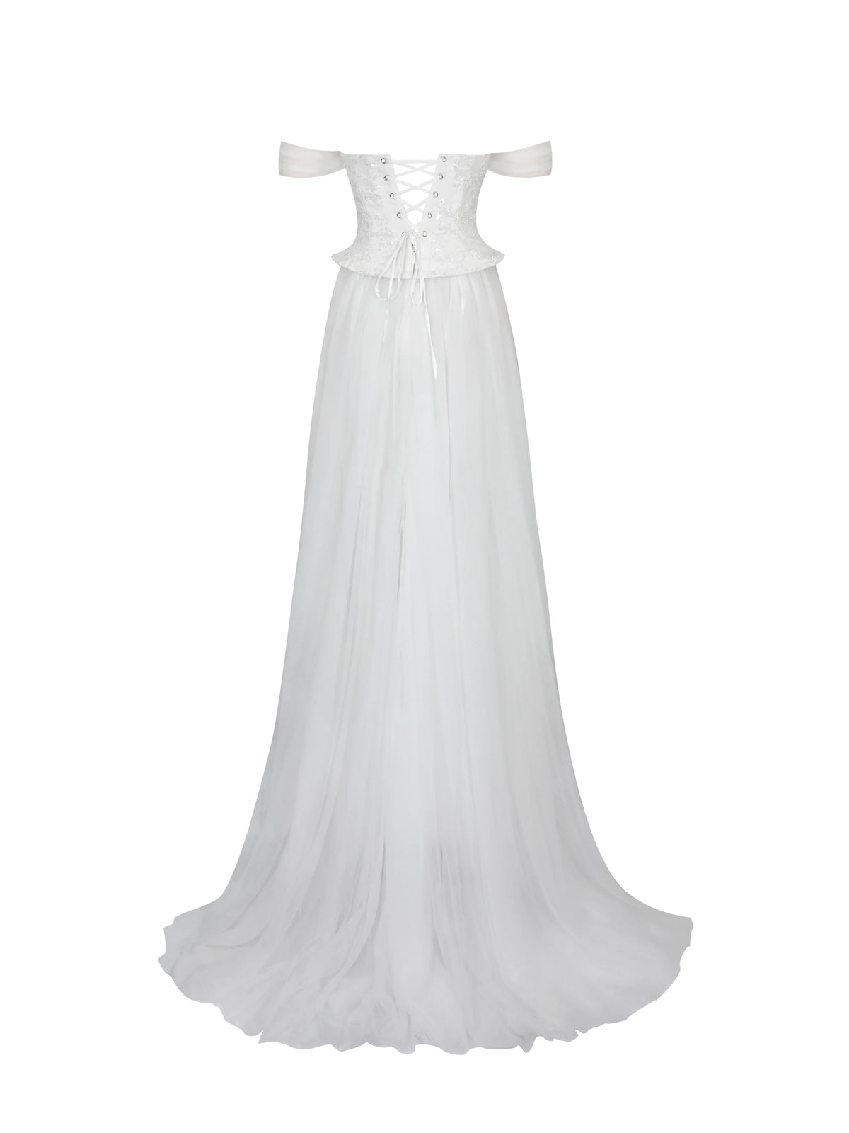 Jianna White Beaded Peplum Bardot Neckline Wedding Gown
