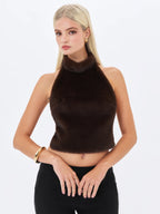 Xeriah Espresso Faux Mink Fur Backless Halter Top