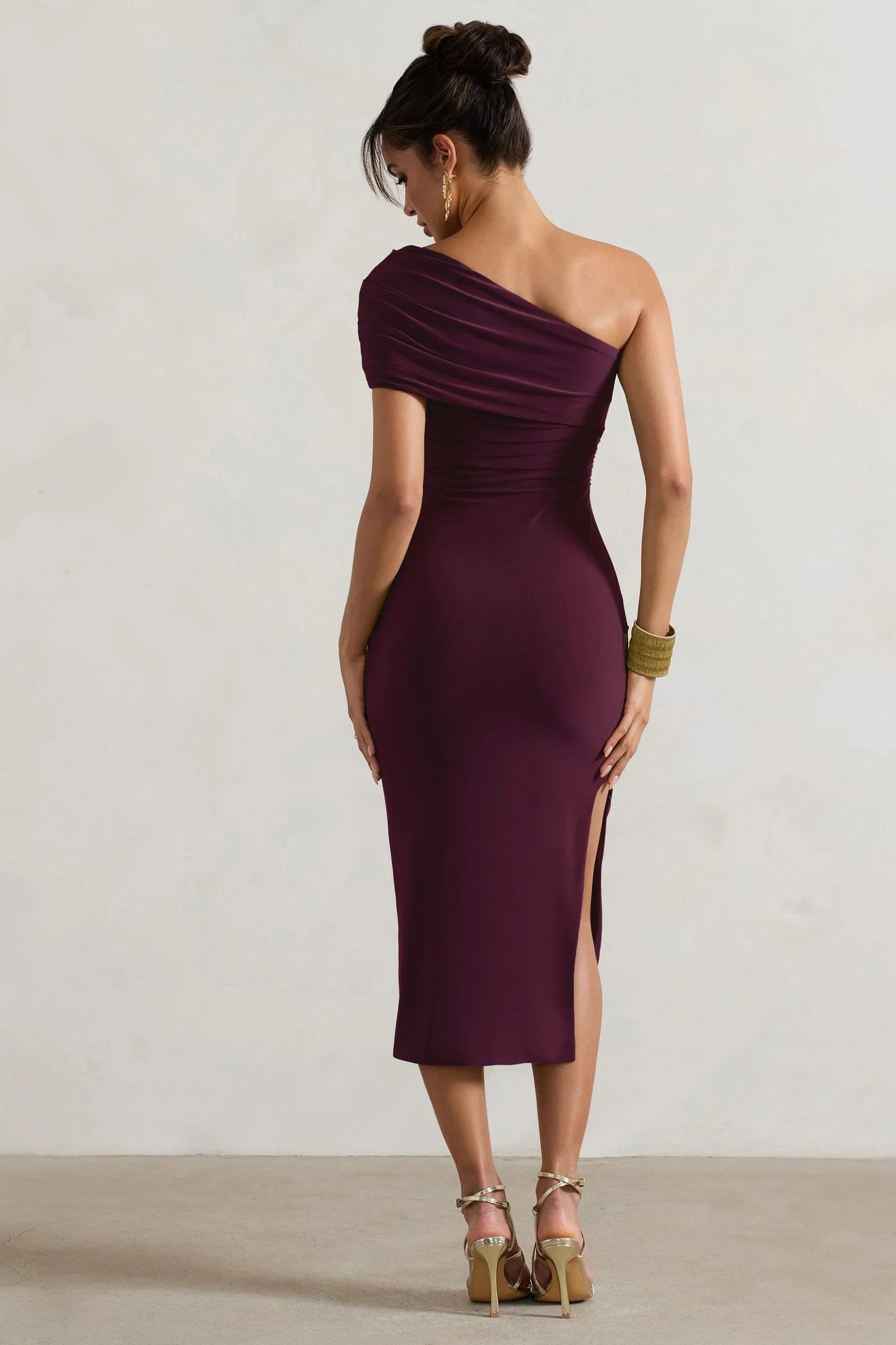 Hawaii Plum Asymmetric One Shoulder Split Midi Dress
