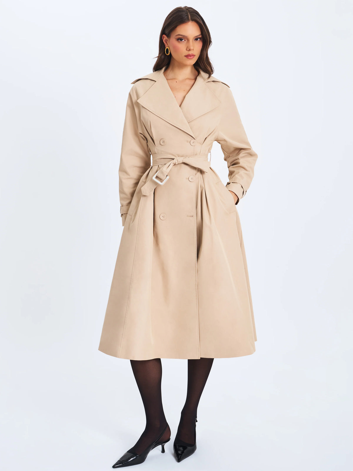 Ulila Beige Double Breasted Pleated Cotton Blend Trench Coat