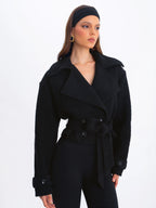 Dara Black Wool Blend Cropped Double Breasted Belted Coat
