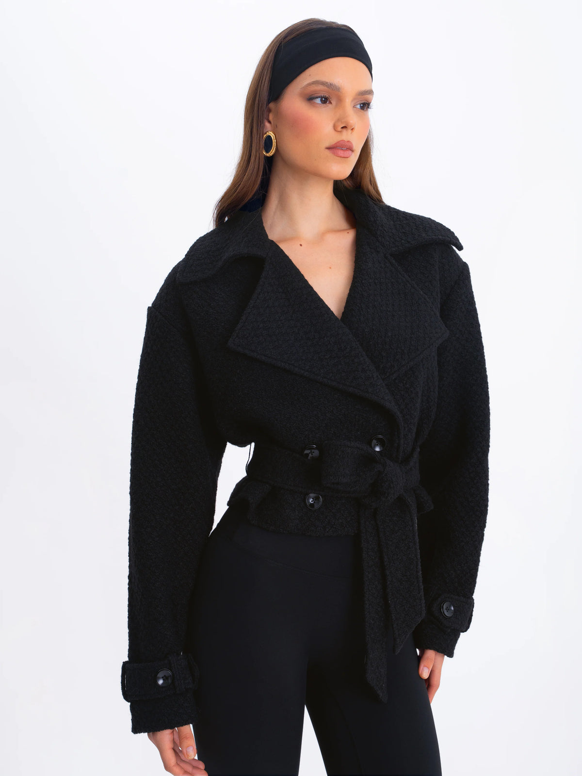 Dara Black Wool Blend Cropped Double Breasted Belted Coat