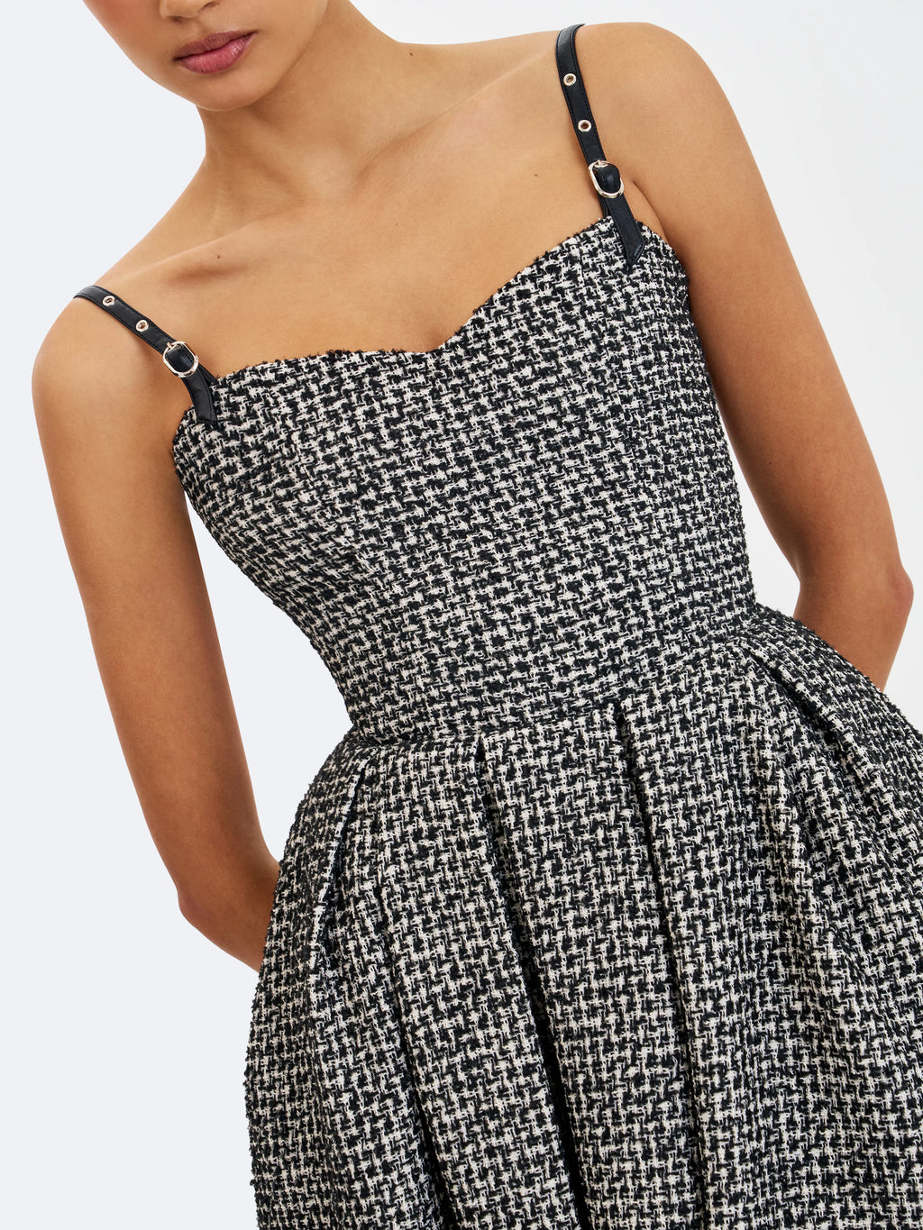 Katalina Black White Tweed Backless Midi Dress
