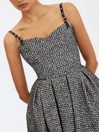 Katalina Black White Tweed Backless Midi Dress