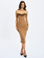 Rayanne Chestnut Strapless Fur Trimmed Sweetheart Midi Dress