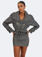 Sadie Black White Tweed High Collar Belted Mini Jacket