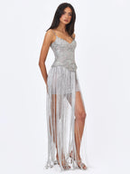 Olisa Silver Beaded Peplum Tassel Maxi Dress
