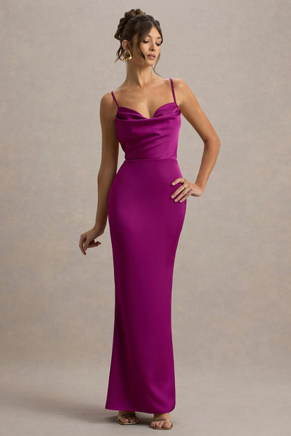 Gia Dark Pink Satin Cowl Neck Maxi Dress