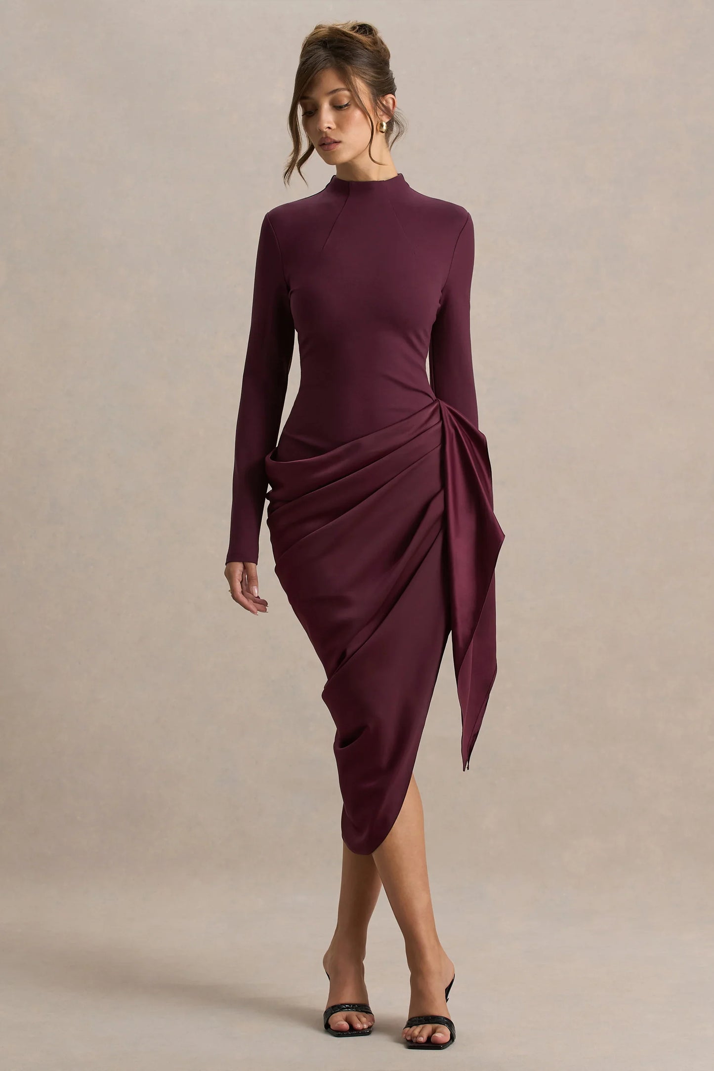 Raffie Plum Long Sleeve Midi Dress With Satin Wrap Skirt