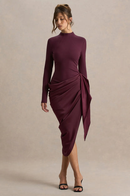 Raffie Plum Long Sleeve Midi Dress With Satin Wrap Skirt
