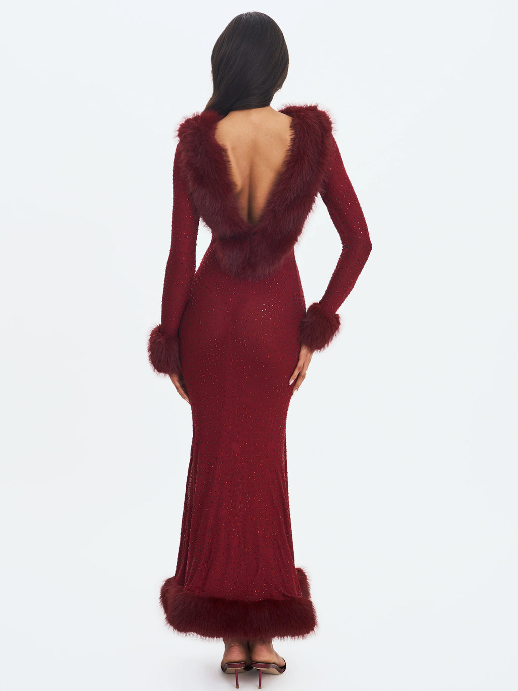 Melrose Burgundy Petite Length Rhinestone Mesh Low Back Mermaid Gown