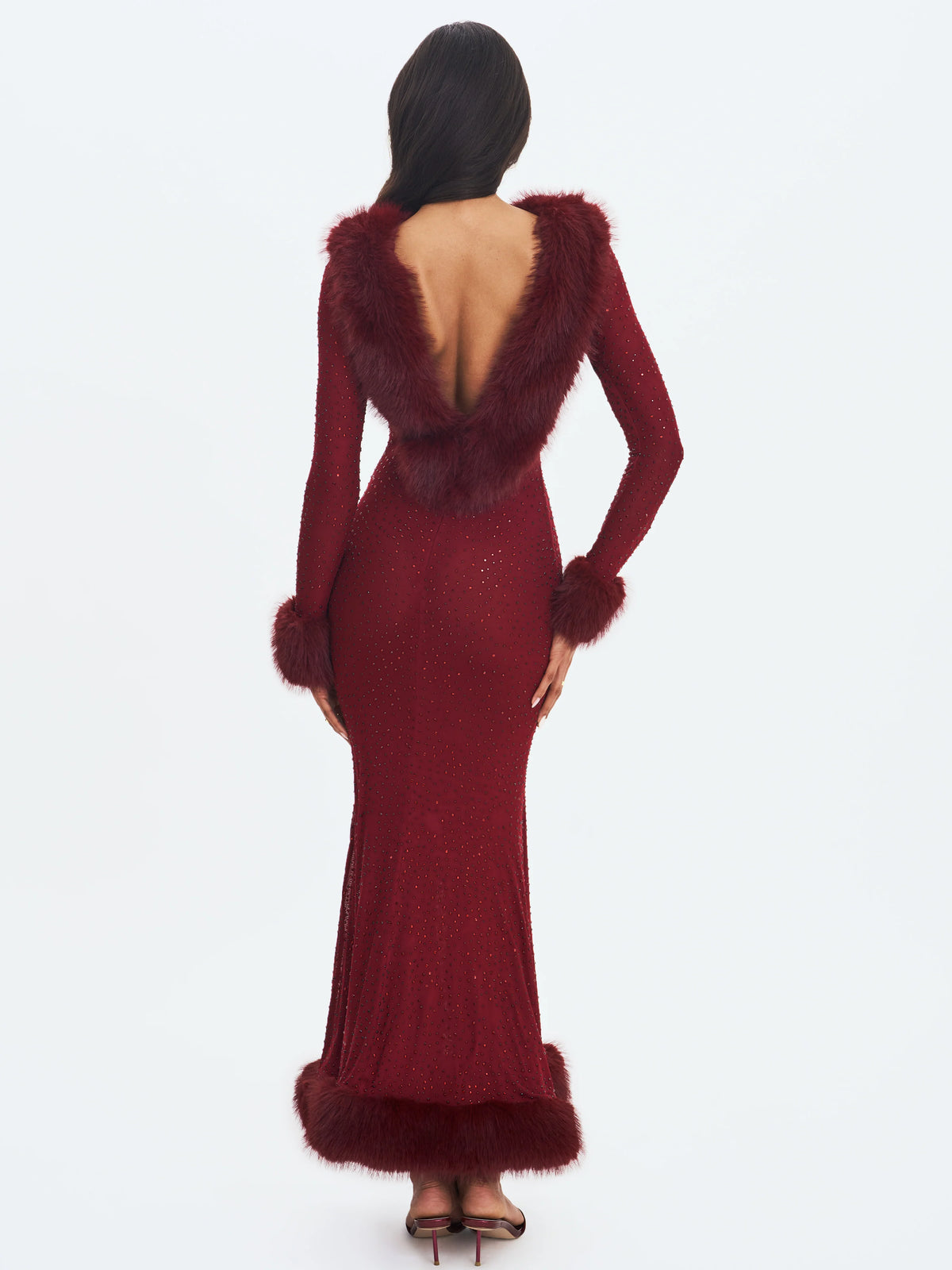 Melrose Burgundy Petite Length Rhinestone Mesh Low Back Mermaid Gown