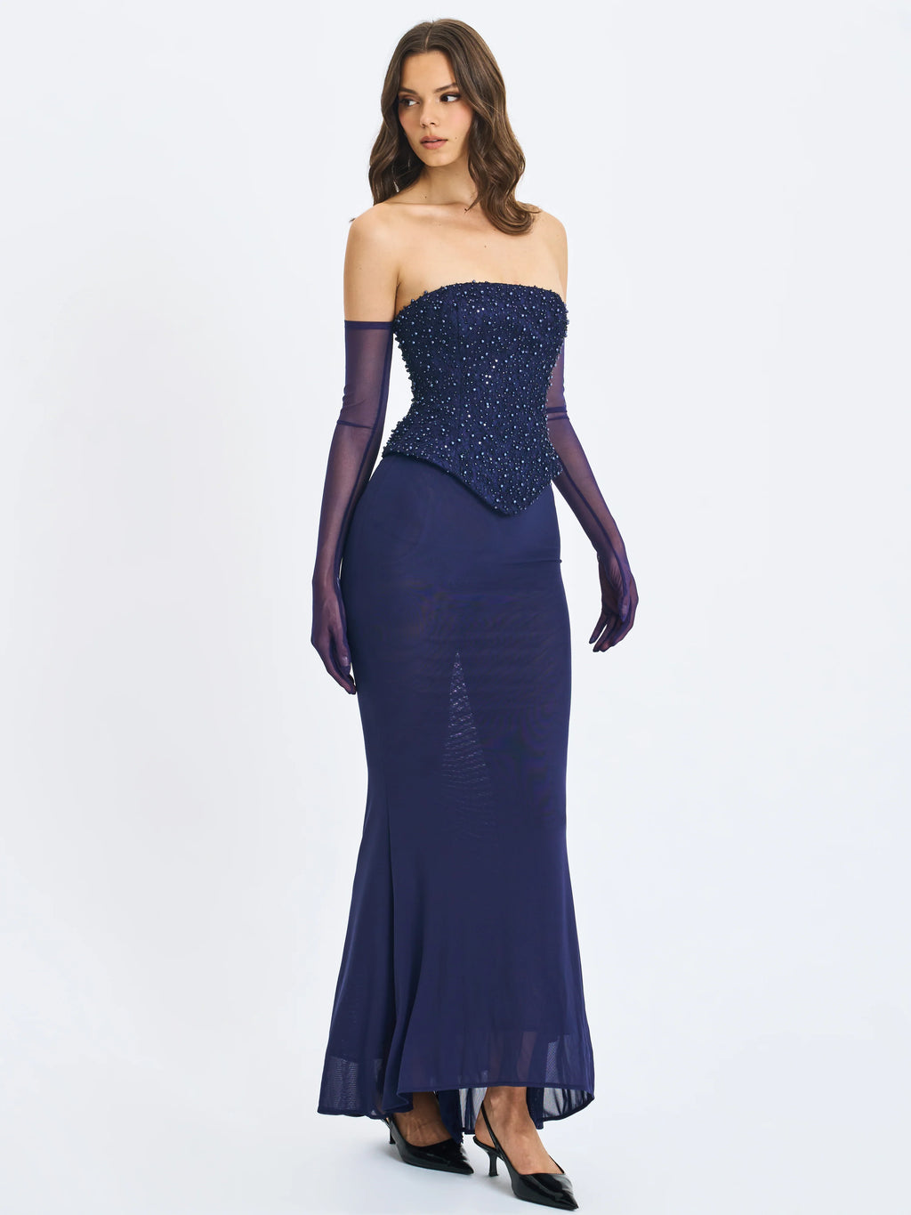 Orabelle Navy Beaded Peplum Mermaid Maxi Gown with Lace up Back