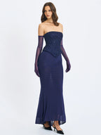 Orabelle Navy Beaded Peplum Mermaid Maxi Gown with Lace up Back