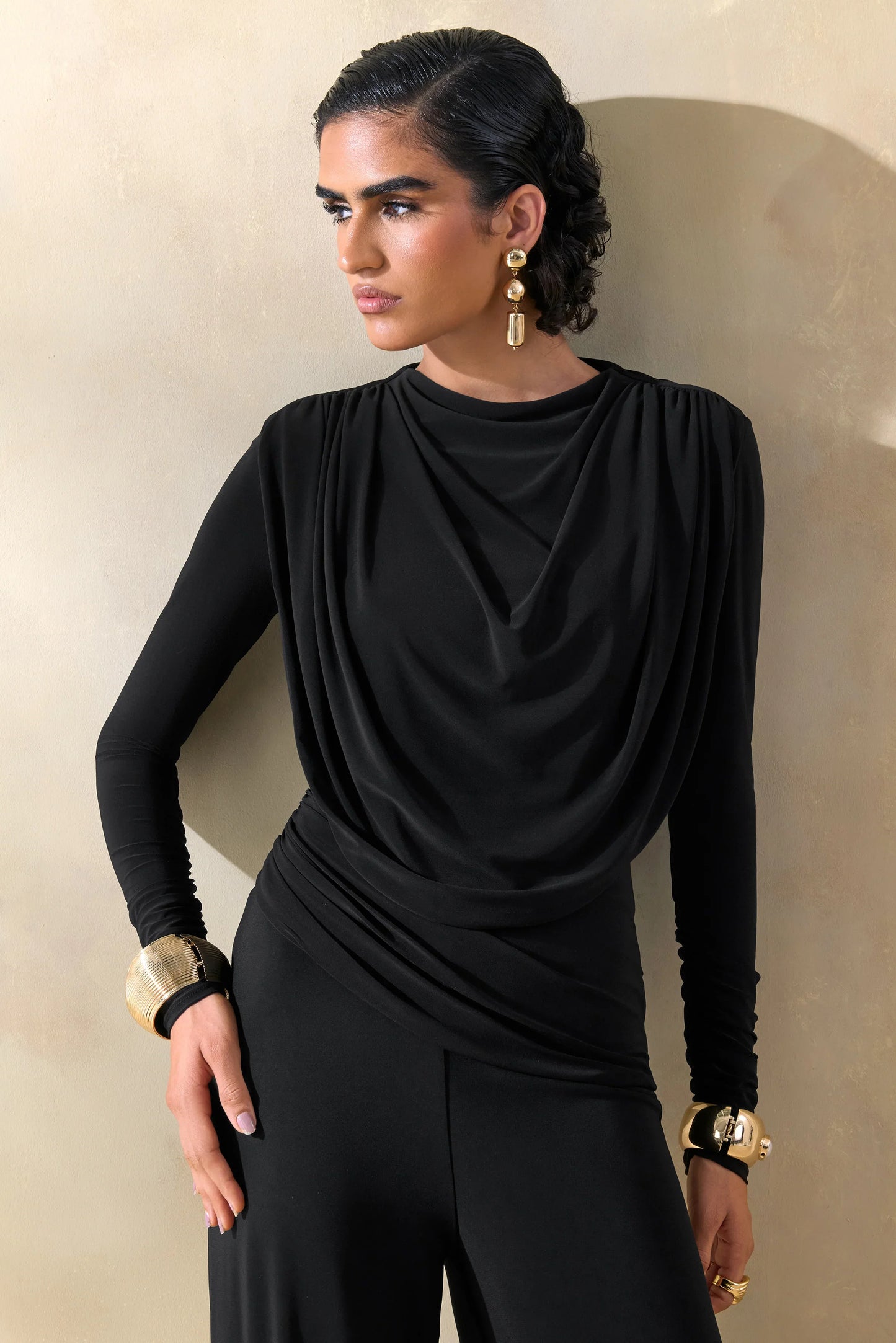 Raniella Black High Neck Top With Gathered And Draped Detailing