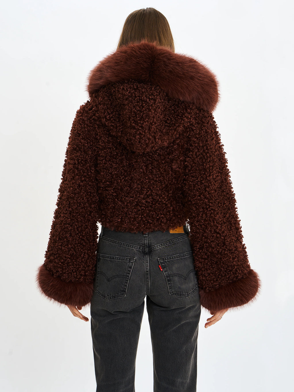 Kali Mahogany Cropped Vegan Shearling Fur Jacket