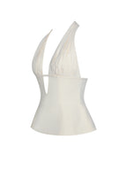 Quinzella Butter Yellow Linen Plunging Halter Neck Top