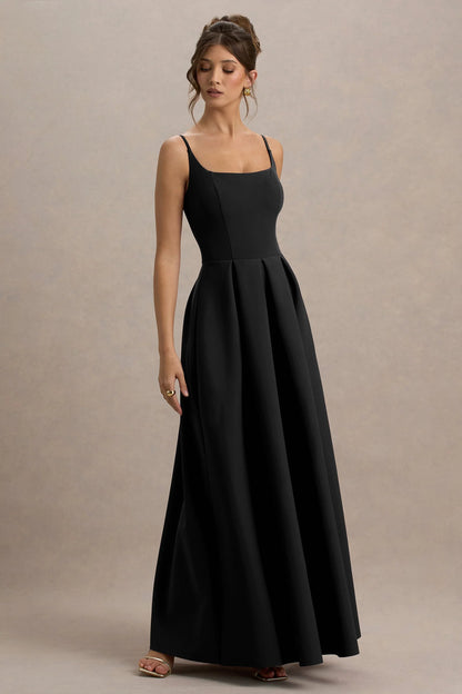 Bambina Black Scoop Neck Pleated Maxi Dress